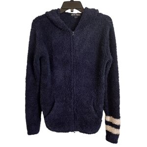 Barefoot Dreams Navy Blue Fuzzy Zip Hoodie with Cream Stripe